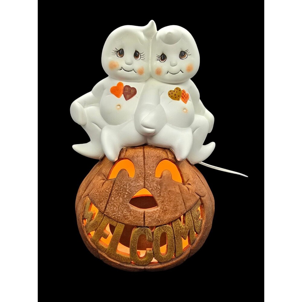 Jack-o'-lantern with 2 Ghosts Sitting on pumpkin Plug-in lights up "Welcome" Vtg
